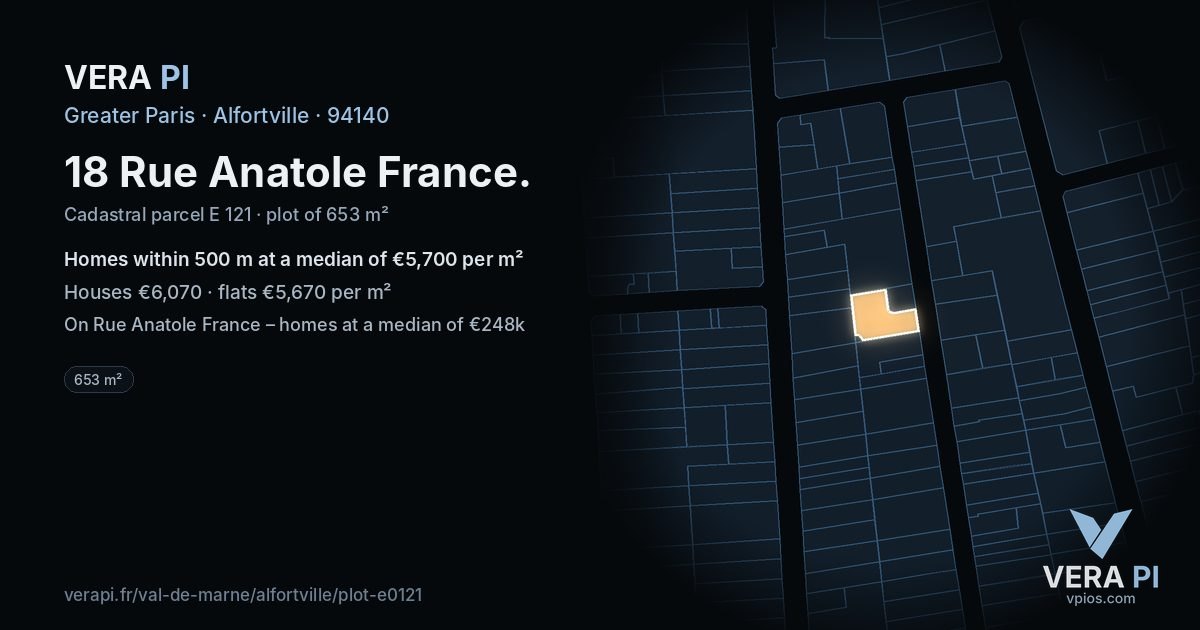 18 Rue Anatole France, Alfortville at night – the plot lit, the parcels around coloured by the prices near them