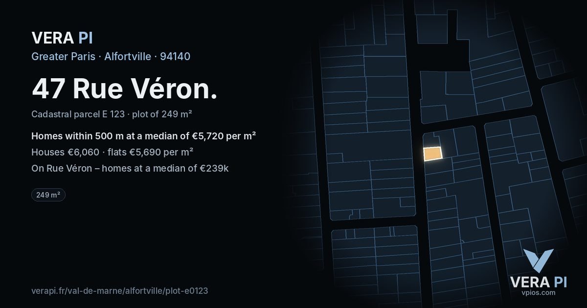 47 Rue Véron, Alfortville at night – the plot lit, the parcels around coloured by the prices near them