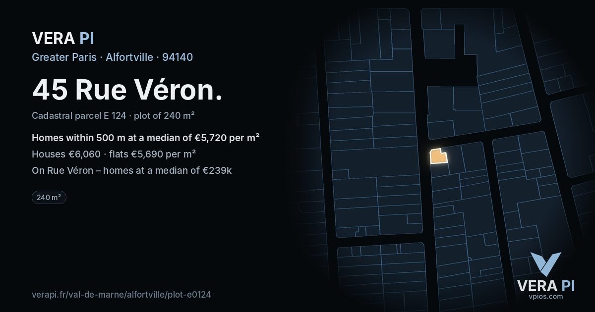 45 Rue Véron, Alfortville at night – the plot lit, the parcels around coloured by the prices near them