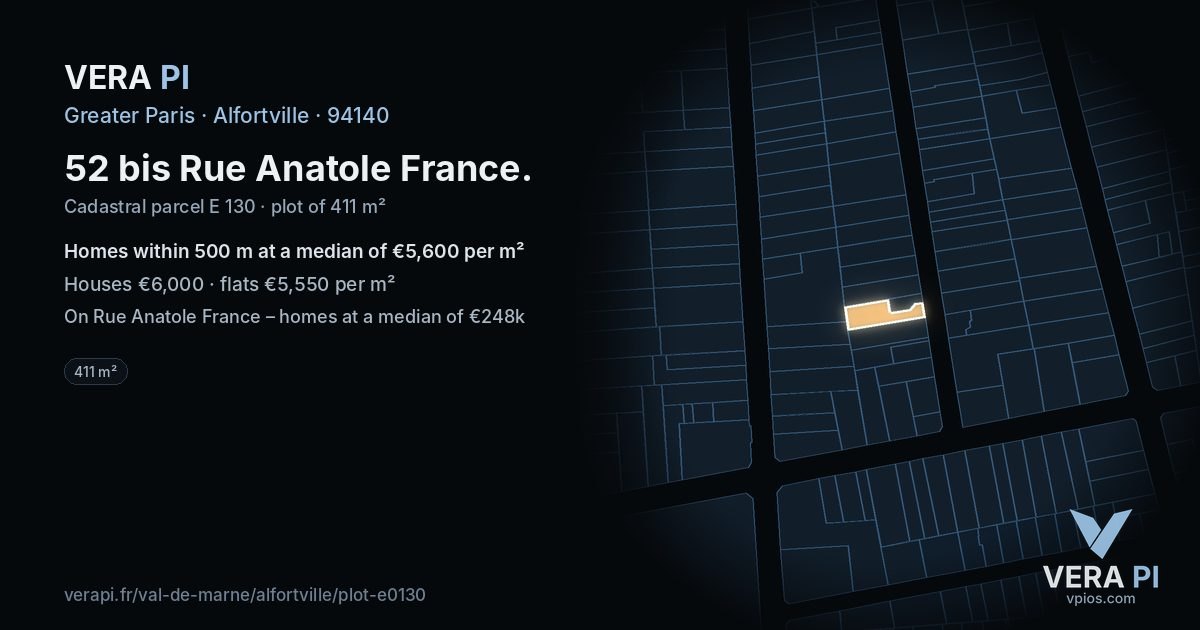 52 bis Rue Anatole France, Alfortville at night – the plot lit, the parcels around coloured by the prices near them