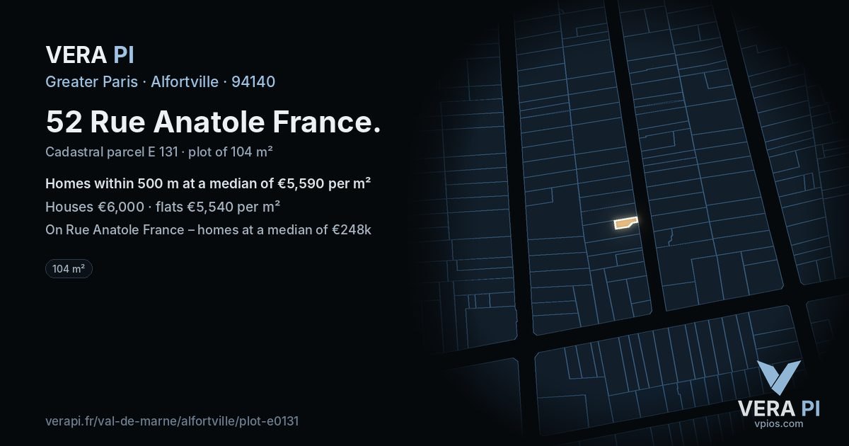 52 Rue Anatole France, Alfortville at night – the plot lit, the parcels around coloured by the prices near them
