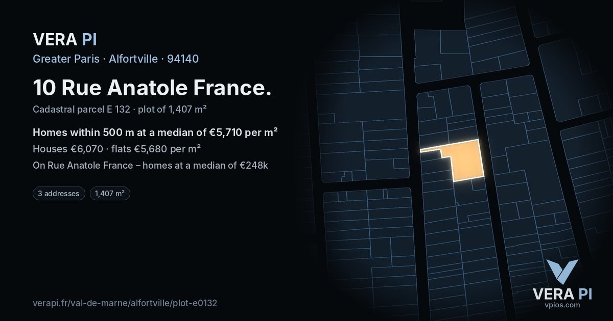 10 Rue Anatole France, Alfortville at night – the plot lit, the parcels around coloured by the prices near them
