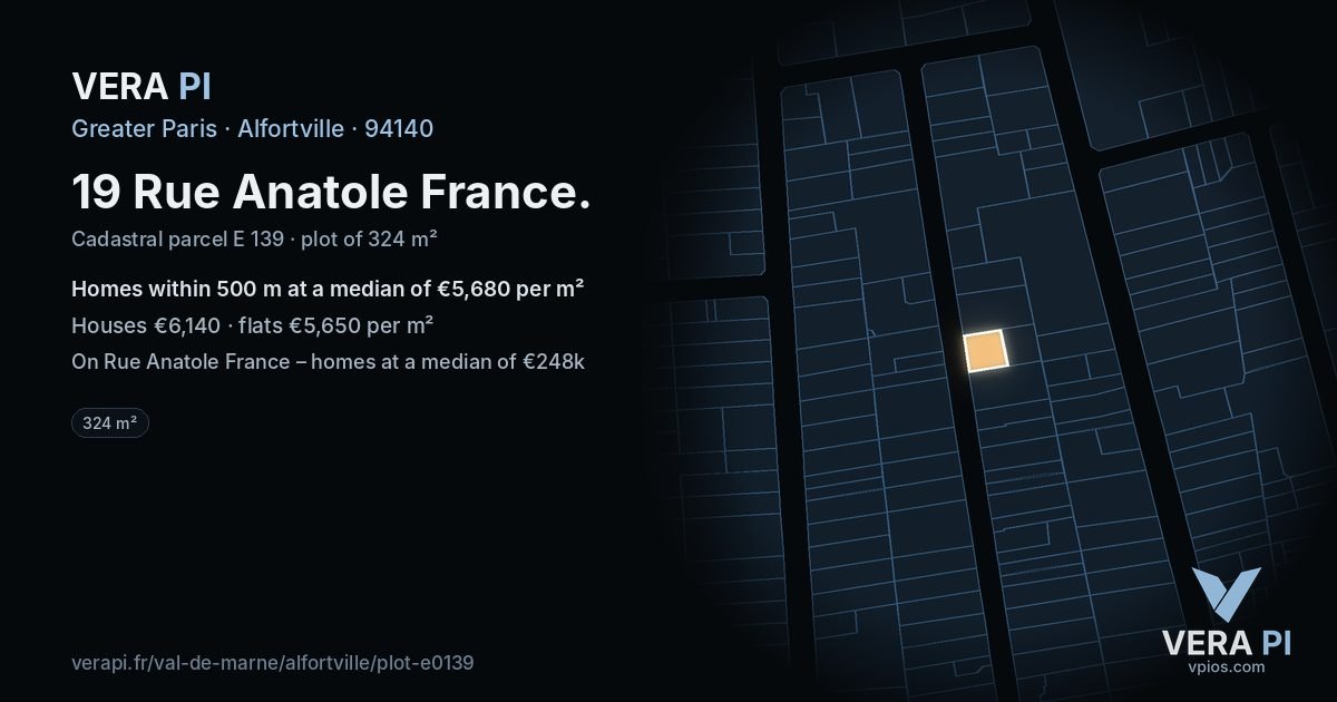 19 Rue Anatole France, Alfortville at night – the plot lit, the parcels around coloured by the prices near them