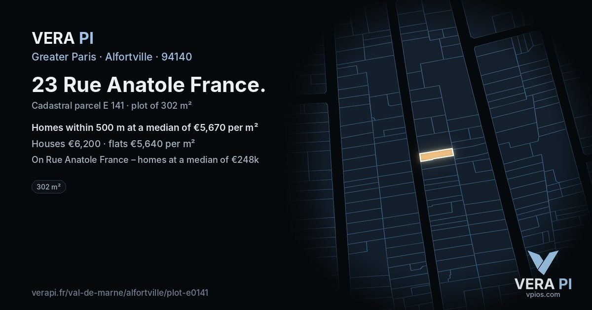 23 Rue Anatole France, Alfortville at night – the plot lit, the parcels around coloured by the prices near them