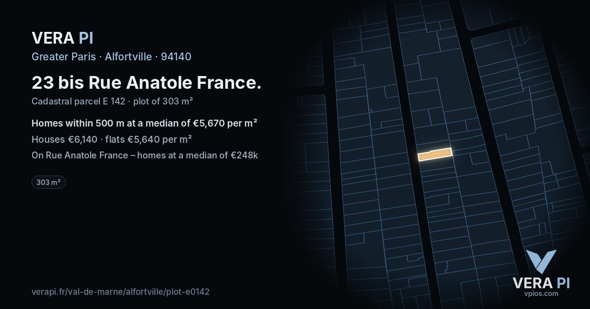 23 bis Rue Anatole France, Alfortville at night – the plot lit, the parcels around coloured by the prices near them