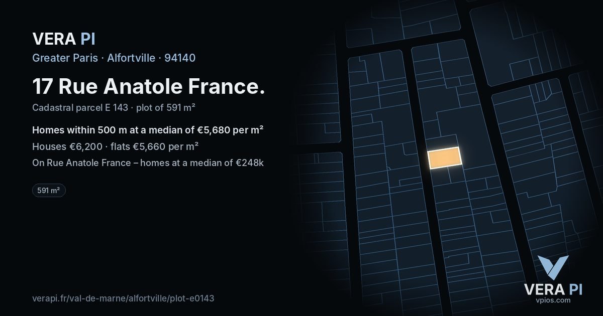 17 Rue Anatole France, Alfortville at night – the plot lit, the parcels around coloured by the prices near them