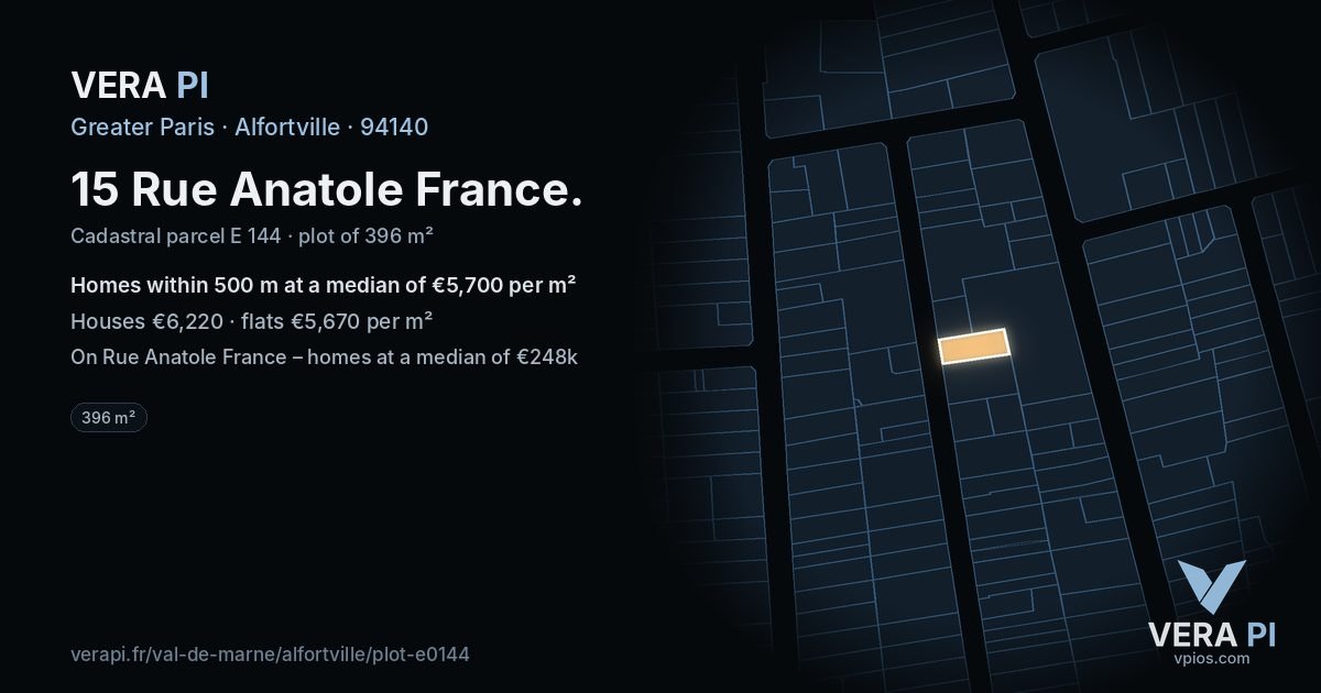 15 Rue Anatole France, Alfortville at night – the plot lit, the parcels around coloured by the prices near them