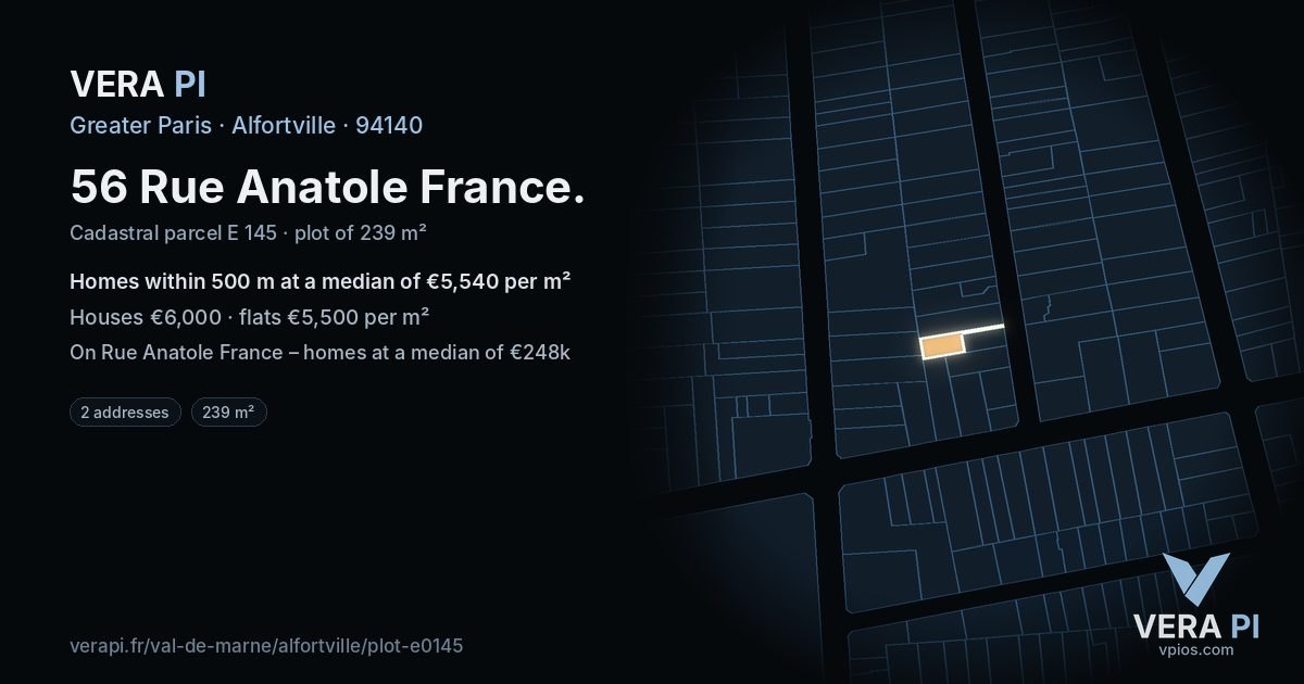 56 Rue Anatole France, Alfortville at night – the plot lit, the parcels around coloured by the prices near them