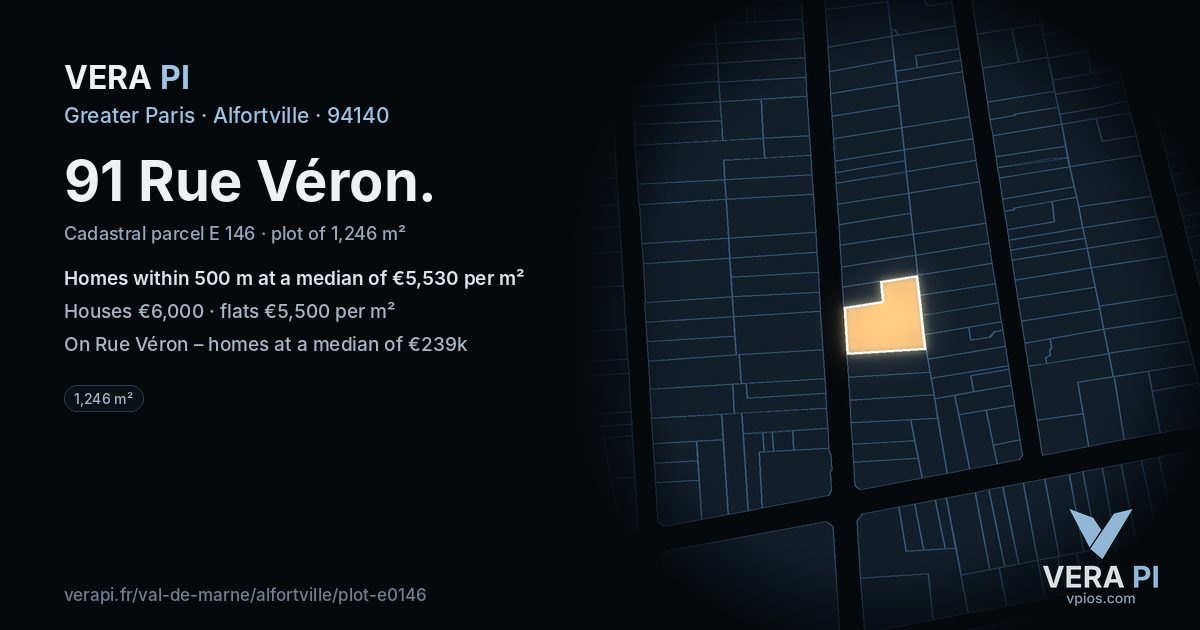 91 Rue Véron, Alfortville at night – the plot lit, the parcels around coloured by the prices near them