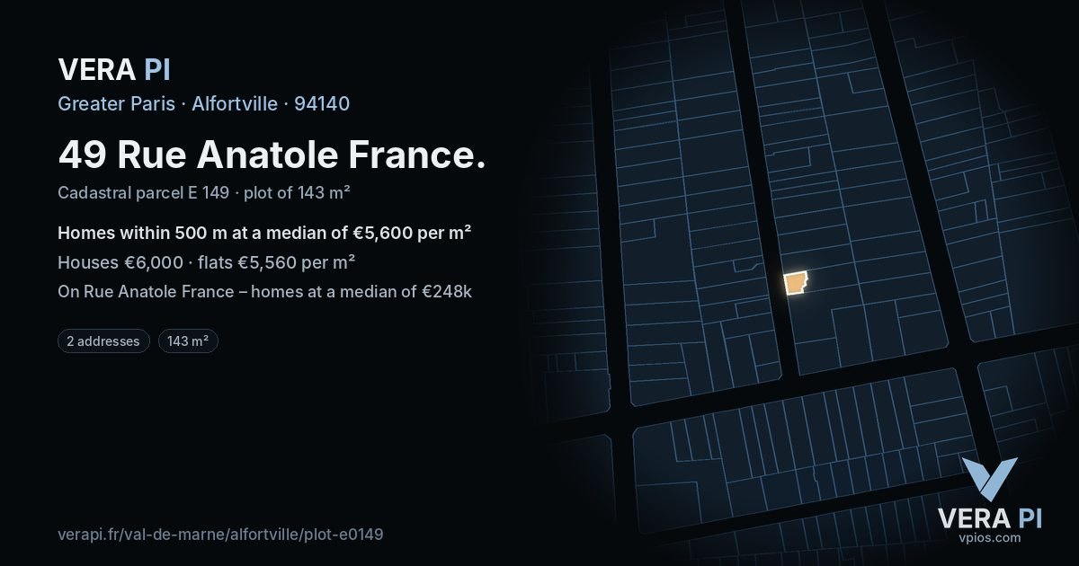 49 Rue Anatole France, Alfortville at night – the plot lit, the parcels around coloured by the prices near them