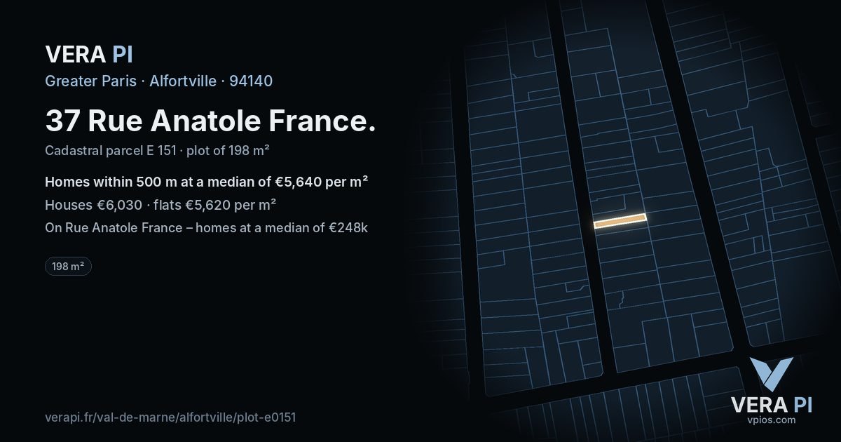 37 Rue Anatole France, Alfortville at night – the plot lit, the parcels around coloured by the prices near them