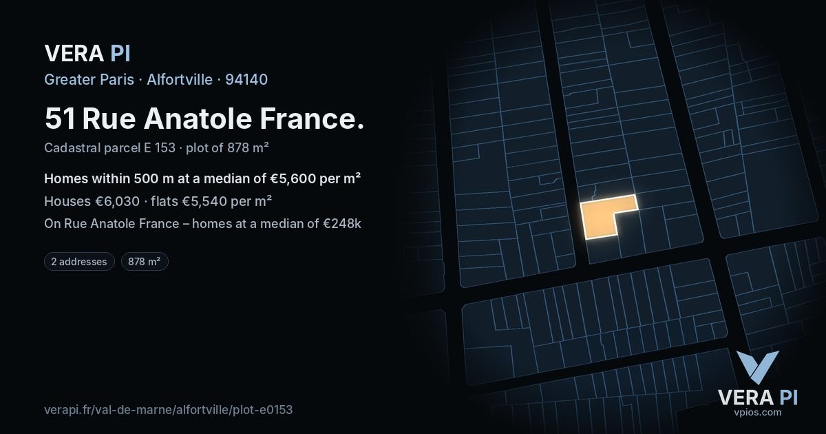 51 Rue Anatole France, Alfortville at night – the plot lit, the parcels around coloured by the prices near them