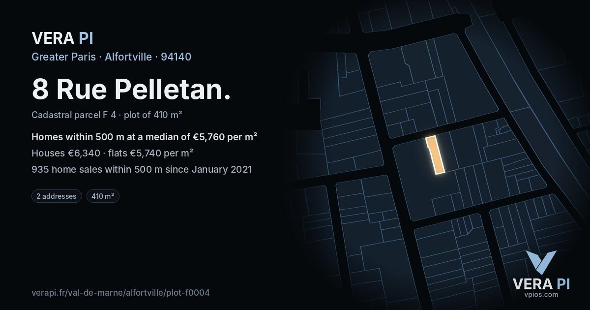 8 Rue Pelletan, Alfortville at night – the plot lit, the parcels around coloured by the prices near them