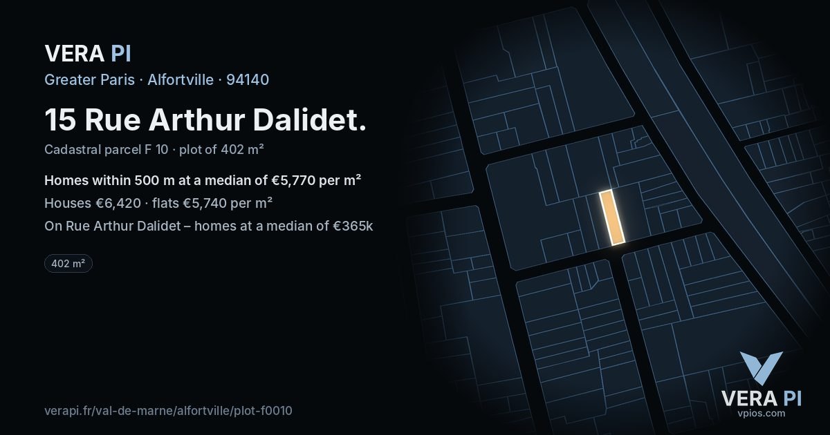 15 Rue Arthur Dalidet, Alfortville at night – the plot lit, the parcels around coloured by the prices near them