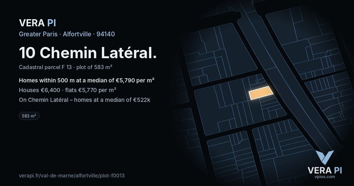 10 Chemin Latéral, Alfortville at night – the plot lit, the parcels around coloured by the prices near them