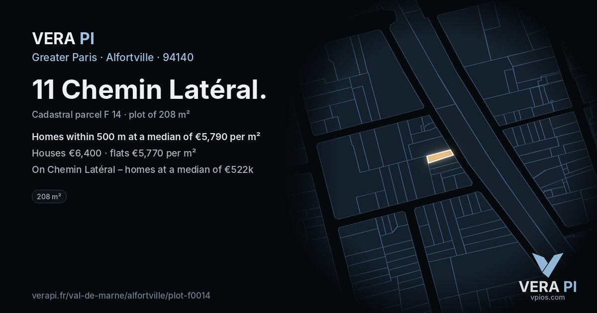 11 Chemin Latéral, Alfortville at night – the plot lit, the parcels around coloured by the prices near them