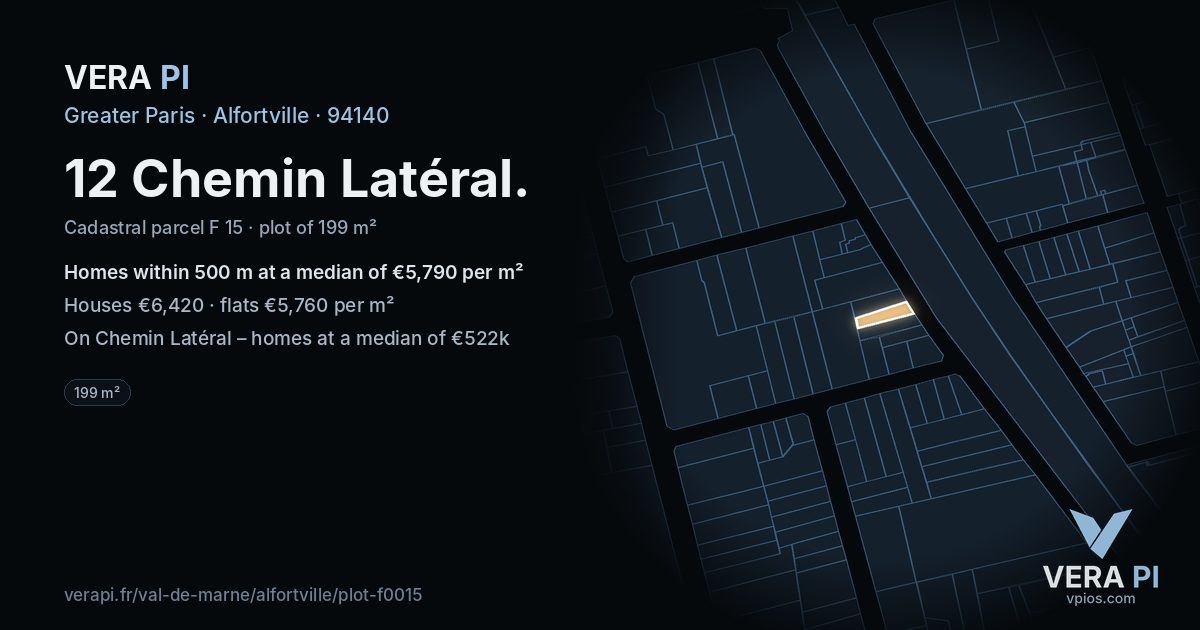 12 Chemin Latéral, Alfortville at night – the plot lit, the parcels around coloured by the prices near them