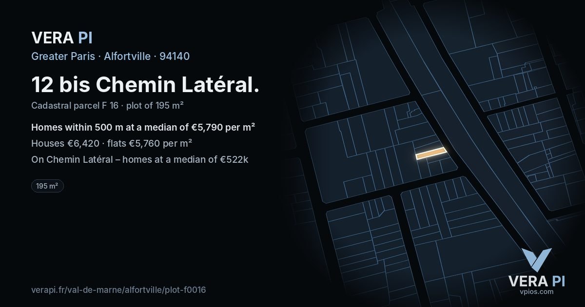 12 bis Chemin Latéral, Alfortville at night – the plot lit, the parcels around coloured by the prices near them