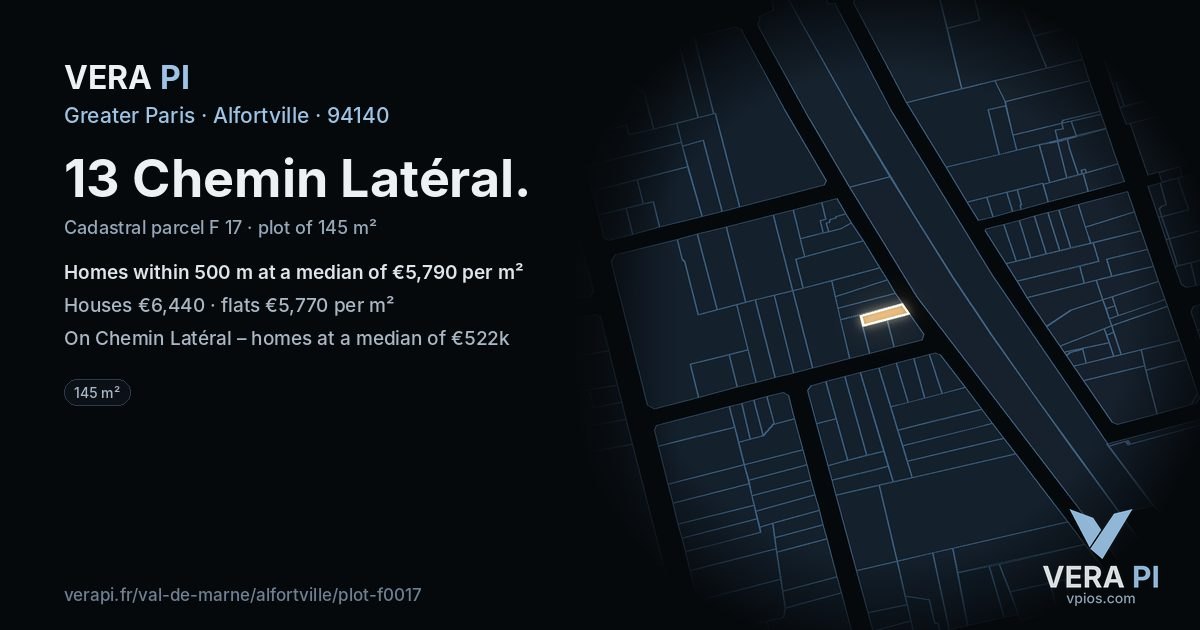 13 Chemin Latéral, Alfortville at night – the plot lit, the parcels around coloured by the prices near them