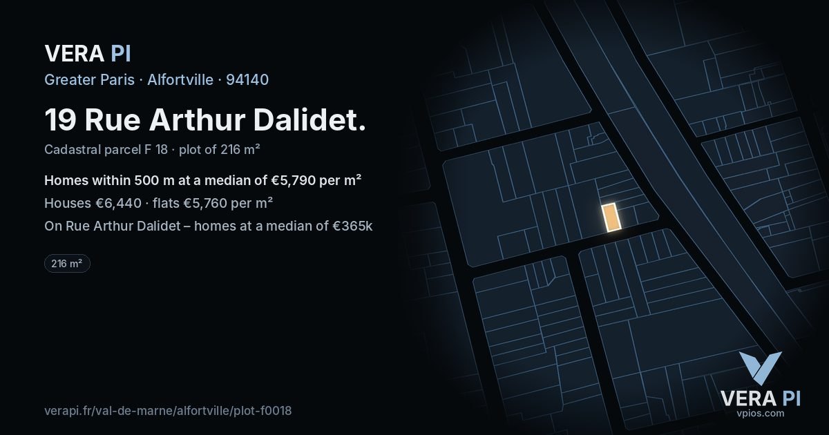 19 Rue Arthur Dalidet, Alfortville at night – the plot lit, the parcels around coloured by the prices near them