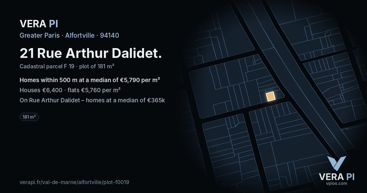 21 Rue Arthur Dalidet, Alfortville at night – the plot lit, the parcels around coloured by the prices near them