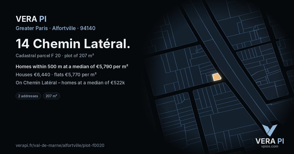 14 Chemin Latéral, Alfortville at night – the plot lit, the parcels around coloured by the prices near them