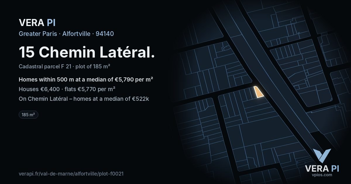 15 Chemin Latéral, Alfortville at night – the plot lit, the parcels around coloured by the prices near them