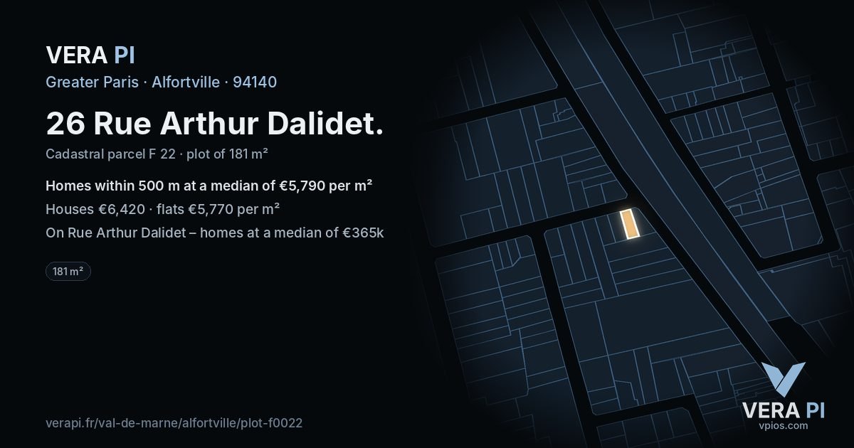26 Rue Arthur Dalidet, Alfortville at night – the plot lit, the parcels around coloured by the prices near them