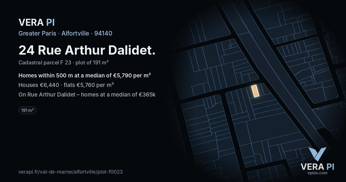 24 Rue Arthur Dalidet, Alfortville at night – the plot lit, the parcels around coloured by the prices near them