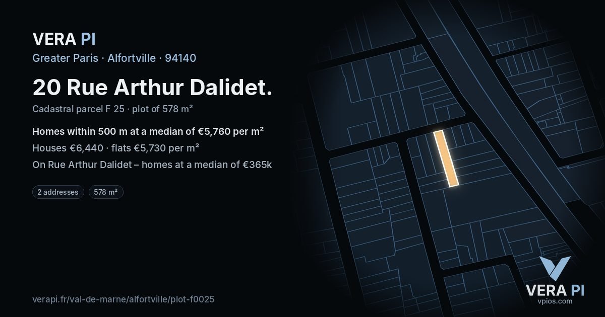 20 Rue Arthur Dalidet, Alfortville at night – the plot lit, the parcels around coloured by the prices near them