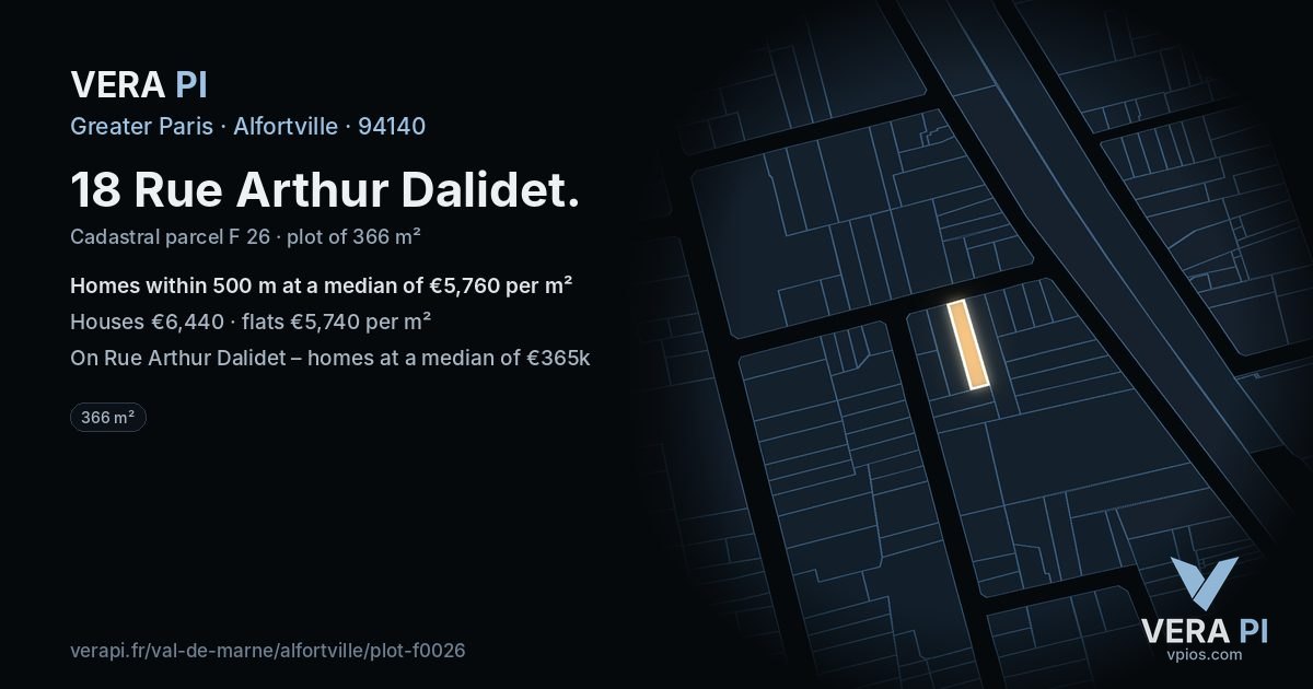 18 Rue Arthur Dalidet, Alfortville at night – the plot lit, the parcels around coloured by the prices near them