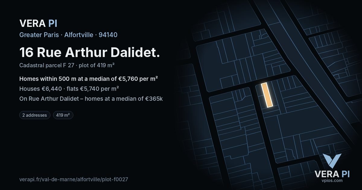 16 Rue Arthur Dalidet, Alfortville at night – the plot lit, the parcels around coloured by the prices near them