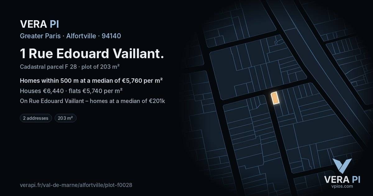 1 Rue Edouard Vaillant, Alfortville at night – the plot lit, the parcels around coloured by the prices near them
