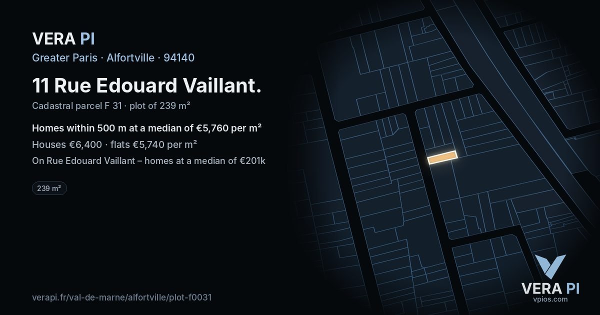 11 Rue Edouard Vaillant, Alfortville at night – the plot lit, the parcels around coloured by the prices near them