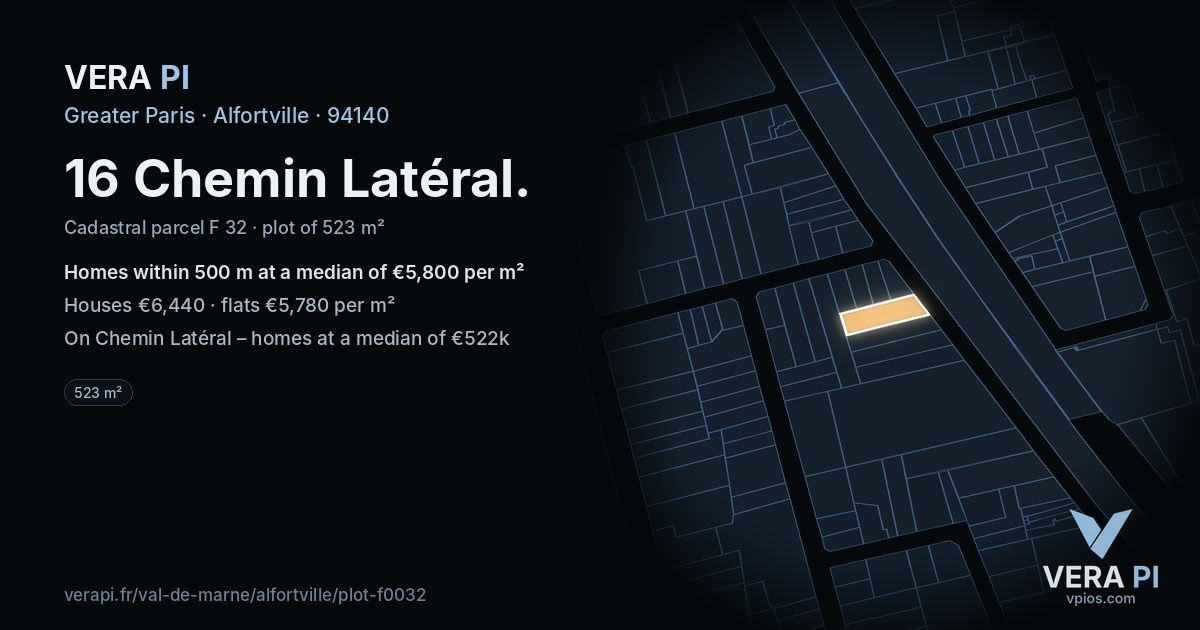 16 Chemin Latéral, Alfortville at night – the plot lit, the parcels around coloured by the prices near them