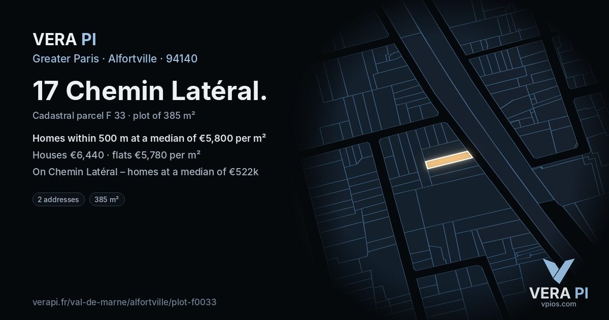 17 Chemin Latéral, Alfortville at night – the plot lit, the parcels around coloured by the prices near them
