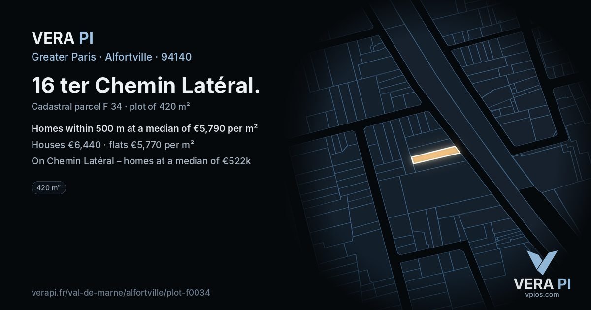 16 ter Chemin Latéral, Alfortville at night – the plot lit, the parcels around coloured by the prices near them