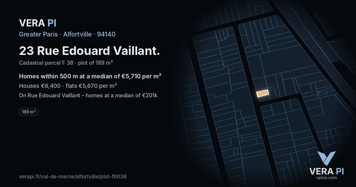 23 Rue Edouard Vaillant, Alfortville at night – the plot lit, the parcels around coloured by the prices near them
