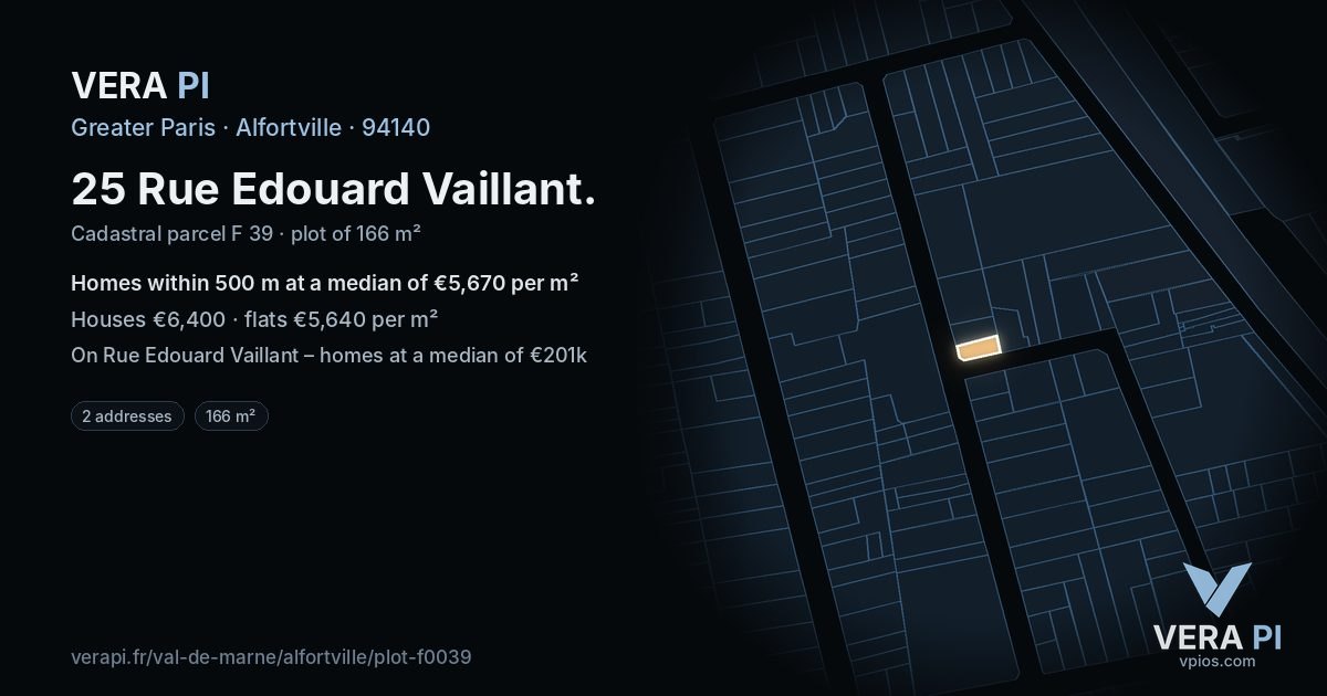 25 Rue Edouard Vaillant, Alfortville at night – the plot lit, the parcels around coloured by the prices near them