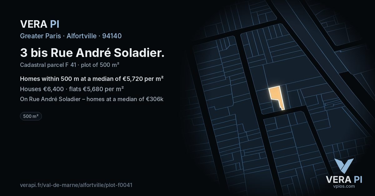 3 bis Rue André Soladier, Alfortville at night – the plot lit, the parcels around coloured by the prices near them