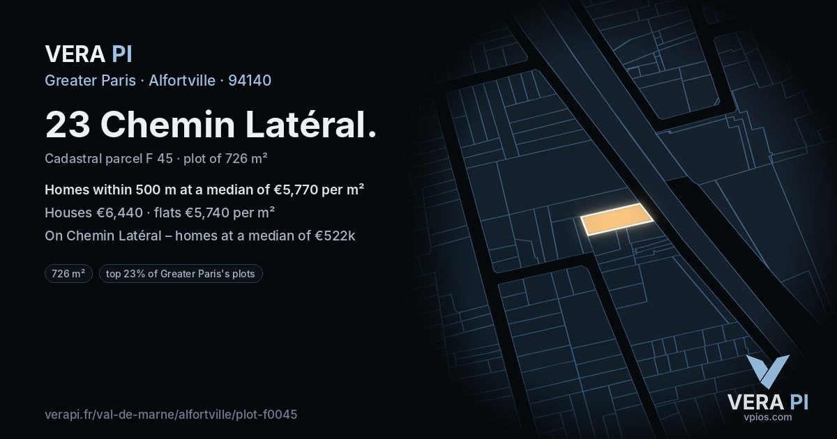 23 Chemin Latéral, Alfortville at night – the plot lit, the parcels around coloured by the prices near them