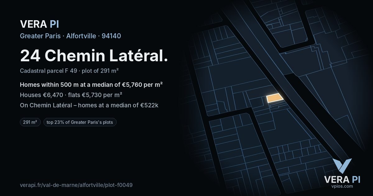 24 Chemin Latéral, Alfortville at night – the plot lit, the parcels around coloured by the prices near them