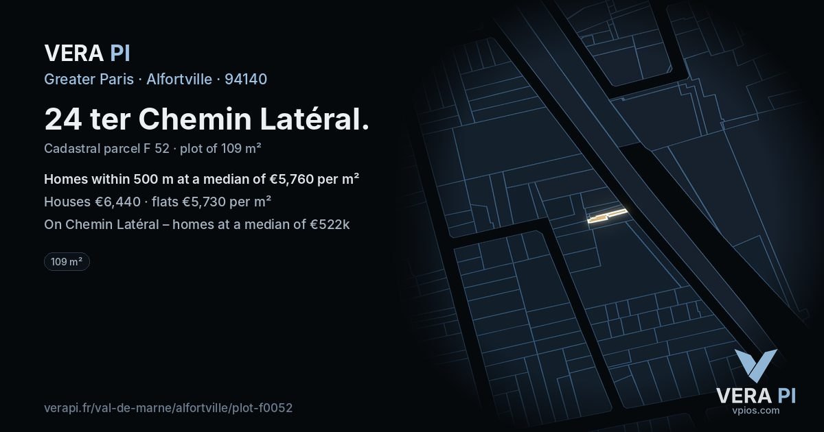 24 ter Chemin Latéral, Alfortville at night – the plot lit, the parcels around coloured by the prices near them