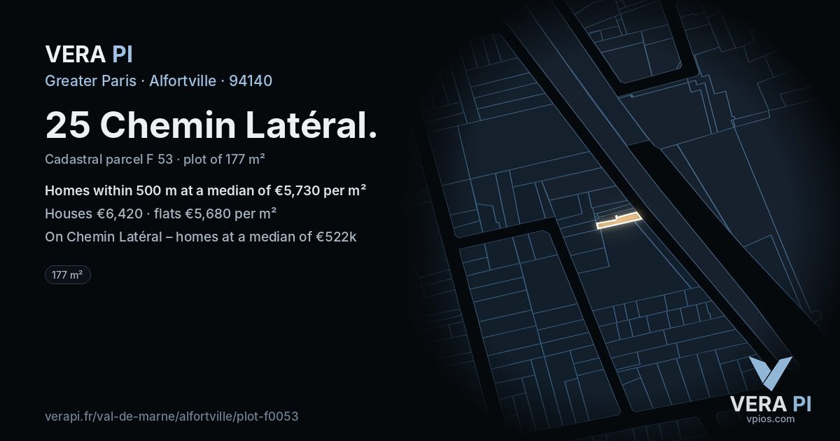 25 Chemin Latéral, Alfortville at night – the plot lit, the parcels around coloured by the prices near them