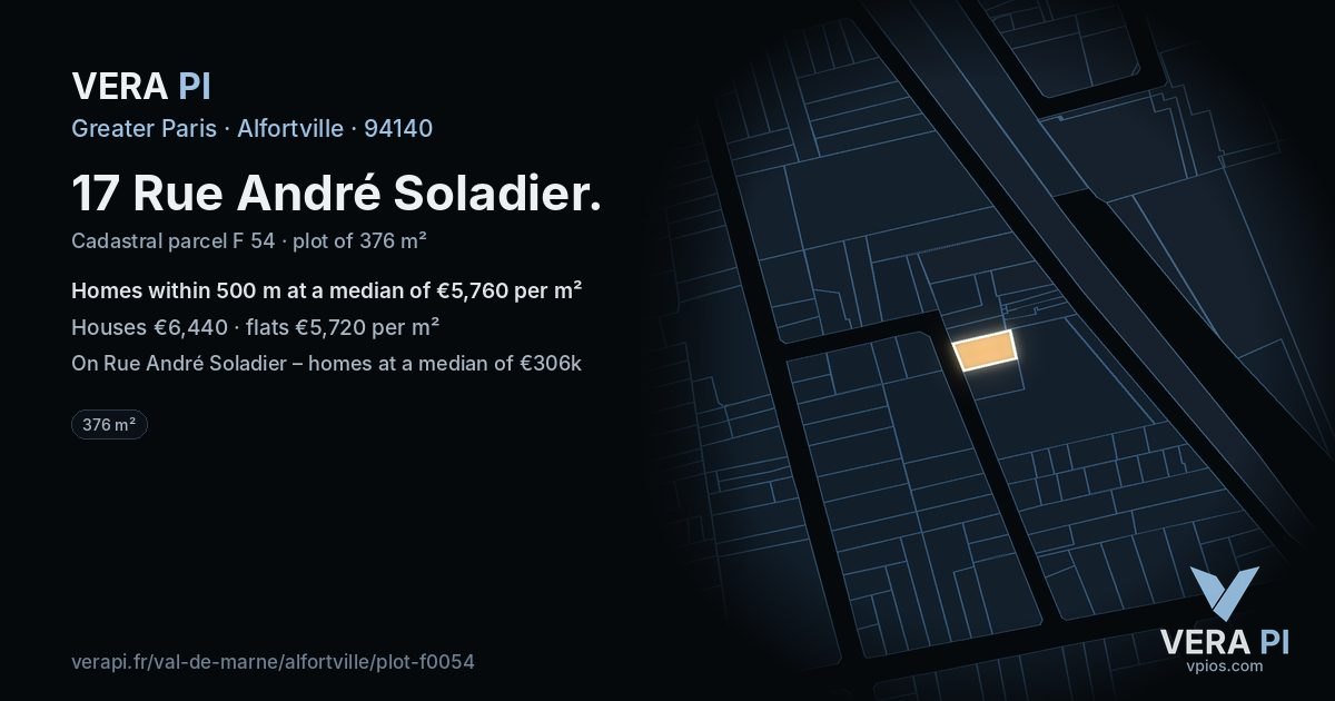 17 Rue André Soladier, Alfortville at night – the plot lit, the parcels around coloured by the prices near them