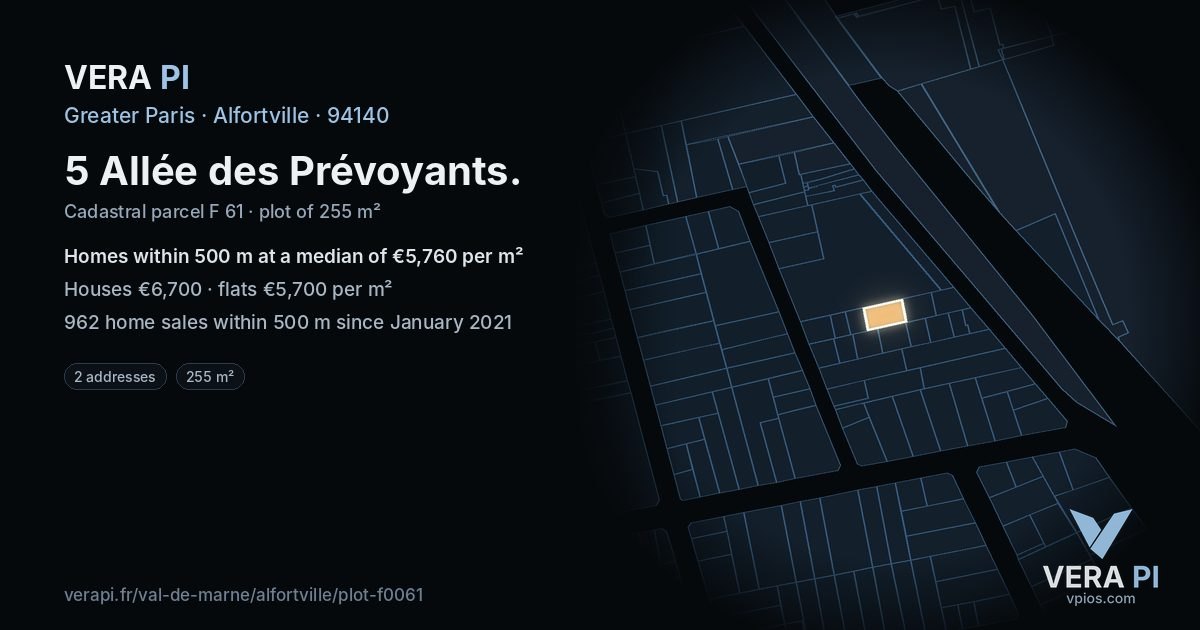 5 Allée des Prévoyants, Alfortville at night – the plot lit, the parcels around coloured by the prices near them