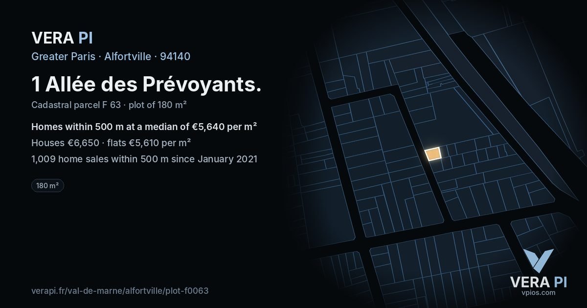 1 Allée des Prévoyants, Alfortville at night – the plot lit, the parcels around coloured by the prices near them