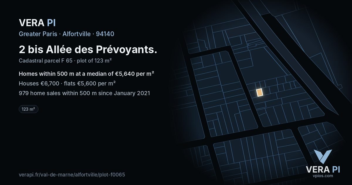 2 bis Allée des Prévoyants, Alfortville at night – the plot lit, the parcels around coloured by the prices near them