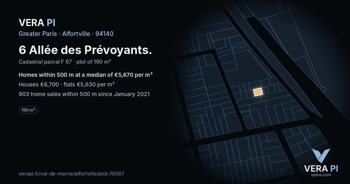 6 Allée des Prévoyants, Alfortville at night – the plot lit, the parcels around coloured by the prices near them