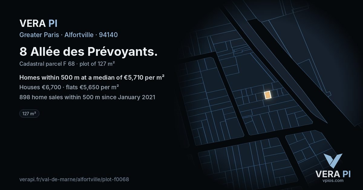 8 Allée des Prévoyants, Alfortville at night – the plot lit, the parcels around coloured by the prices near them